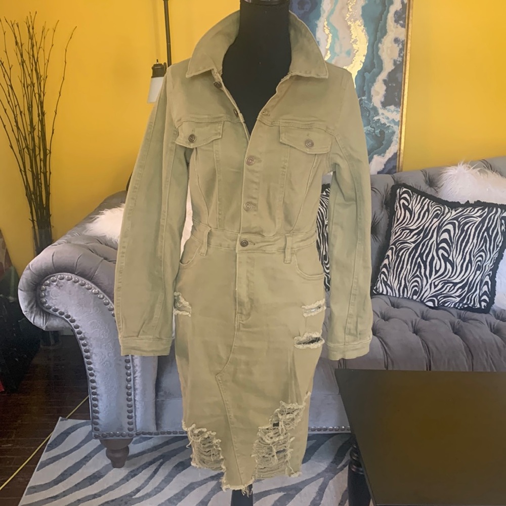 COPY - Fashion Nova olive green one piece long sleeve denim skirt